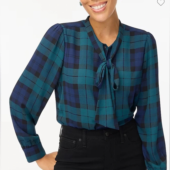 J. Crew Black Watch Plaid Bow Neck Top Size Small - Picture 1 of 4